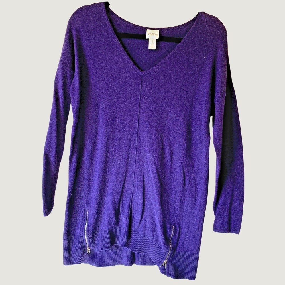 Chico's V-Neck Tunic Sweater Women 1 Small Purple Silk Blend Side Zip Casual